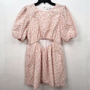 Moodie Dress Womens Size L Pink Floral Cutout Mini Puff Elbow Sleeve Pockets